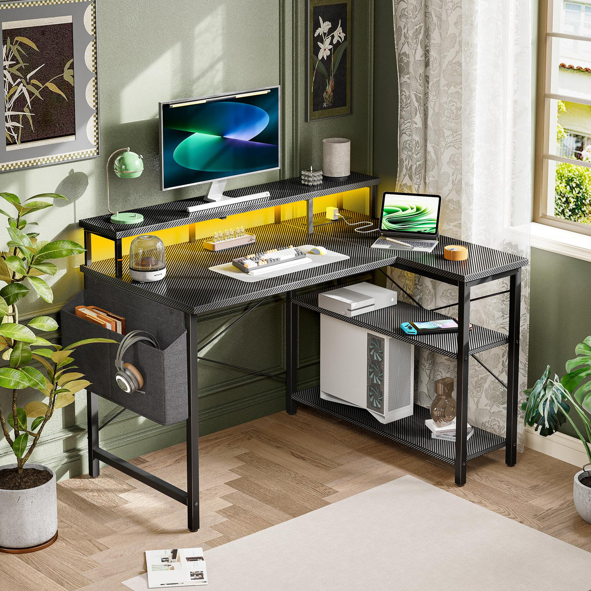 Gaming Desk with Power Outlets and LED Lights, 47 Inch L Shaped Computer Desk