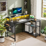 Gaming Desk with Power Outlets and LED Lights, 47 Inch L Shaped Computer Desk