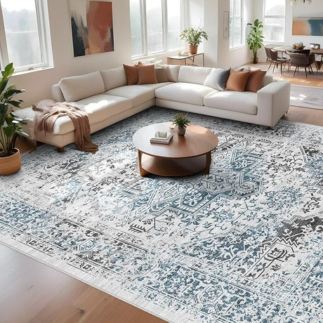 9x12 Large Area Rug - Vintage Washable Rug for Living Room with Non-Slip Low-Pile