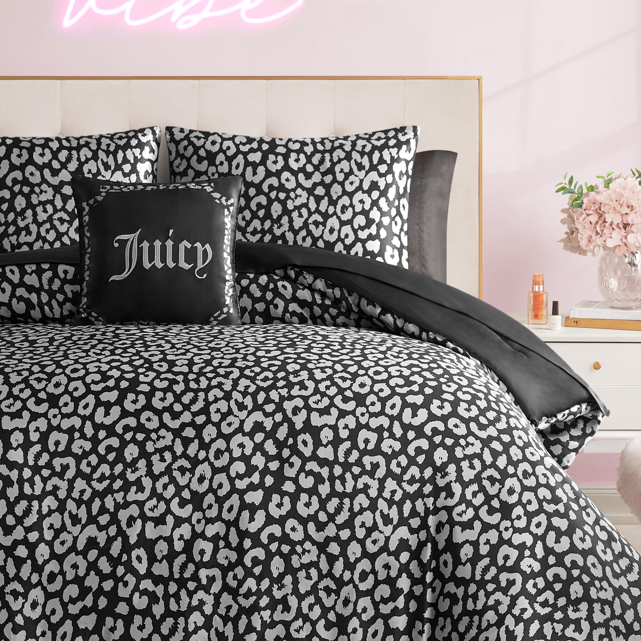 Black Leopard Satin Queen Comforter Set - 8-Piece Luxury Bedding