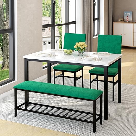4-Piece Faux Marble Dining Table Set with Upholstered Bench and Chairs