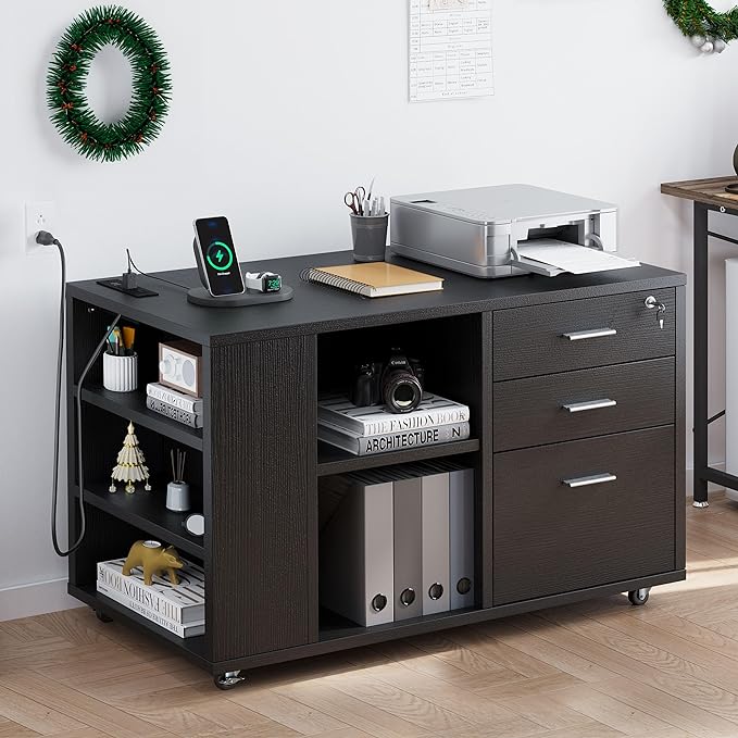 Mobile Wood File Cabinet, 3 Drawer Lateral Filing Cabinet, Black