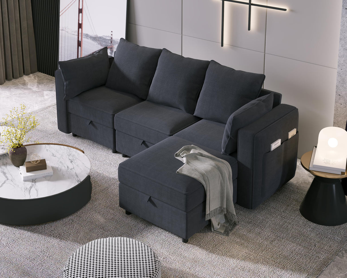 88.6" Modular Sectional Sofa with Storage, Corduroy L Shaped Sectional Sofa