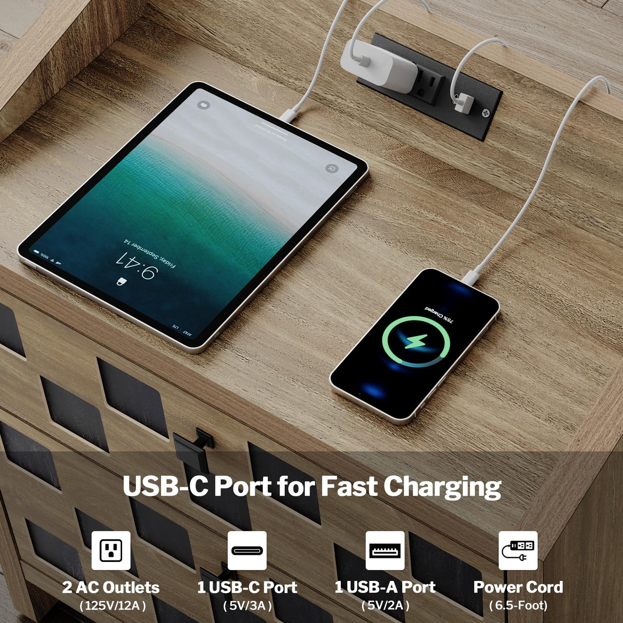 Wide Night Stand with Charging Station and USB-C Port, 24" Large Wood Nightstand