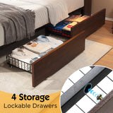 LUXOAK King Farmhouse Bed Frame with Bookcase Headboard and 4 Drawers, LED Storage Bed with Charging Station & Linen Upholstered, No Box Spring Needed, Reclaimed Barnwood