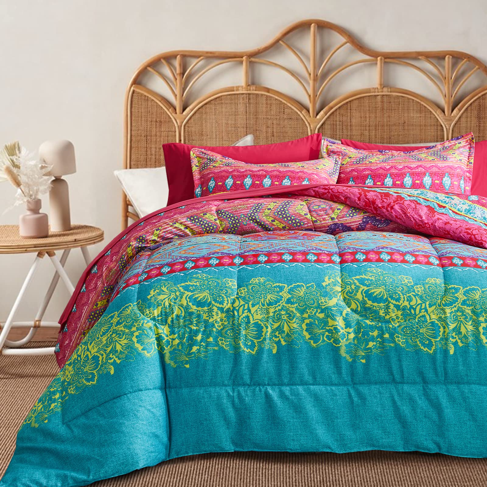 Boho Bed in a Bag 7 Pieces Queen Size, Colorful Bohemian Tribal Style Pink n Blue Floral