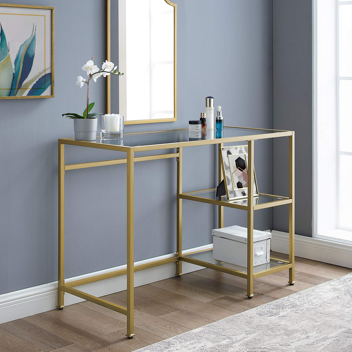 Aimee Small Home Office Vanity Desk with Storage Shelves, Gold