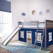 Low Loft Bed, Twin Bed Frame For Kids With Slide and Curtains For Bottom