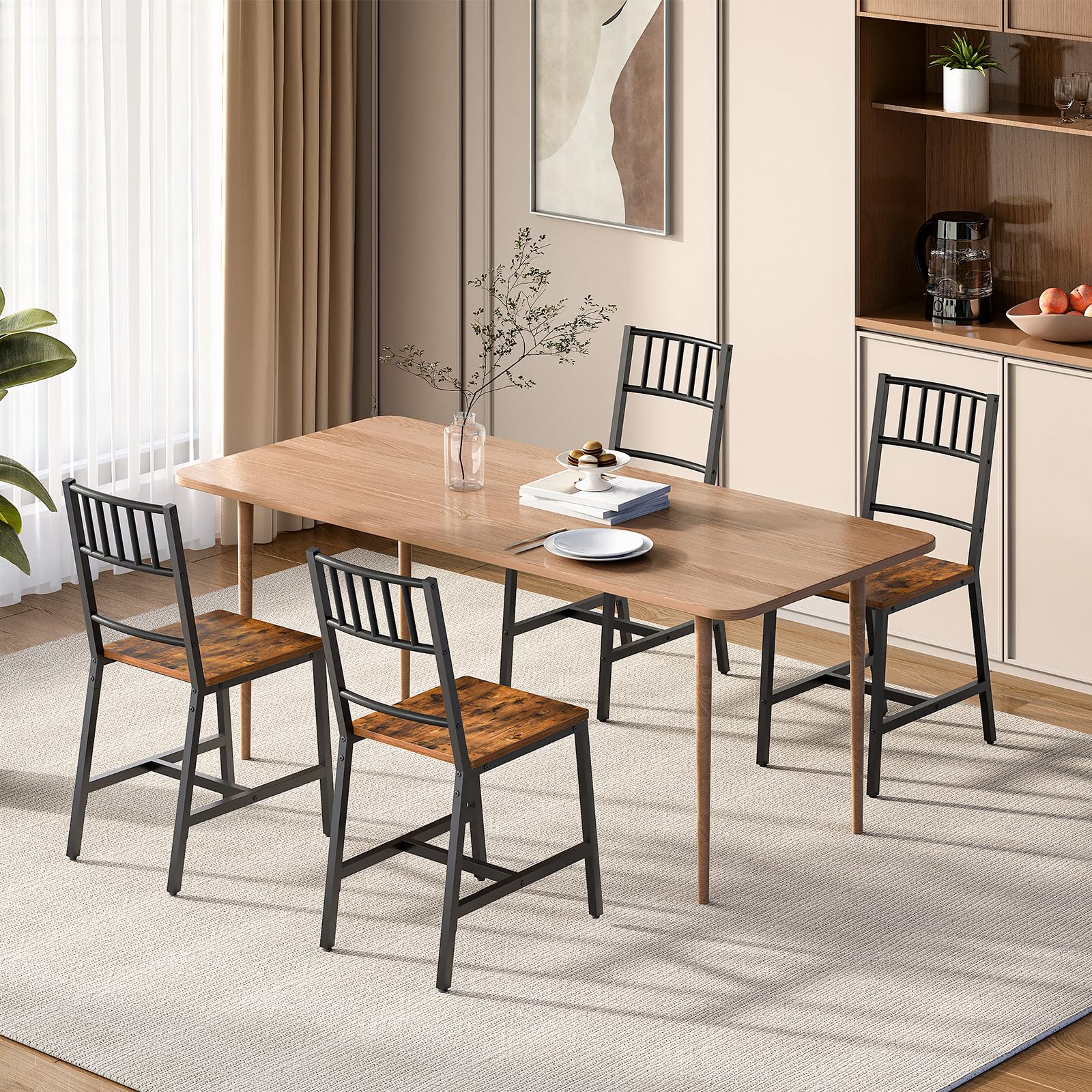 Kitchen Chairs Set of 2, Wooden Dining Room Chairs with Metal Frame