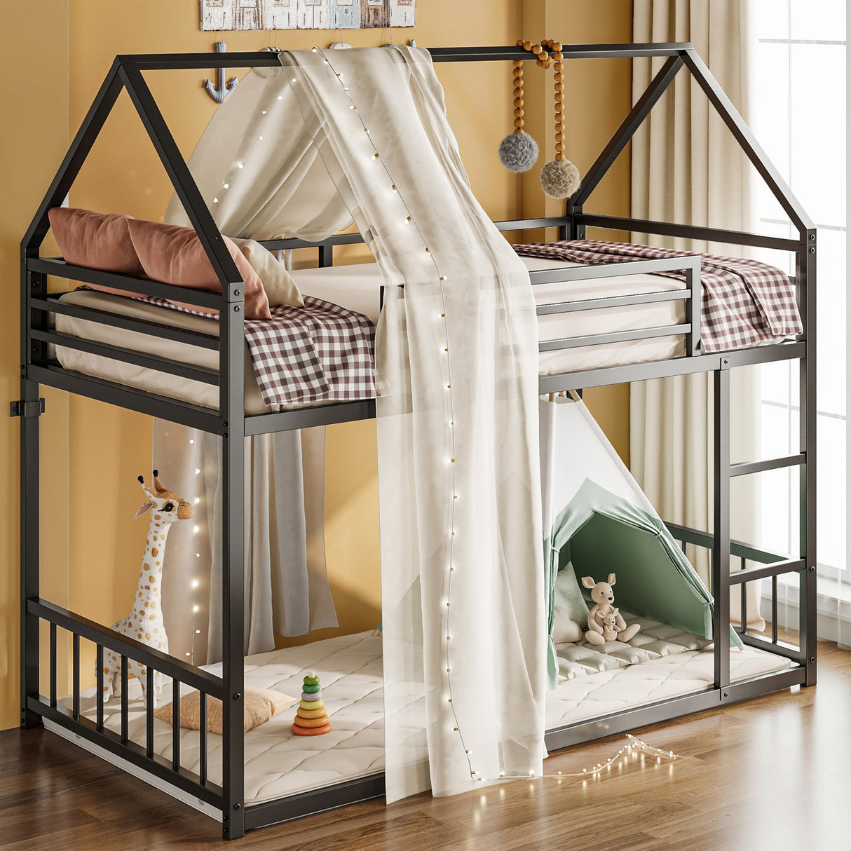 Bunk Bed Twin Over Twin, House Bunk Bed Frame with Ladder and Guardrail