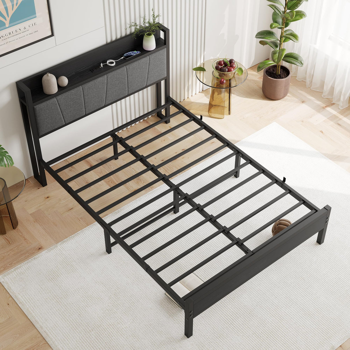 BOFENG Black Full Size Bed Frame with Storage Headboard,Metal Upholstered Platform