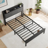 BOFENG Black Full Size Bed Frame with Storage Headboard,Metal Upholstered Platform