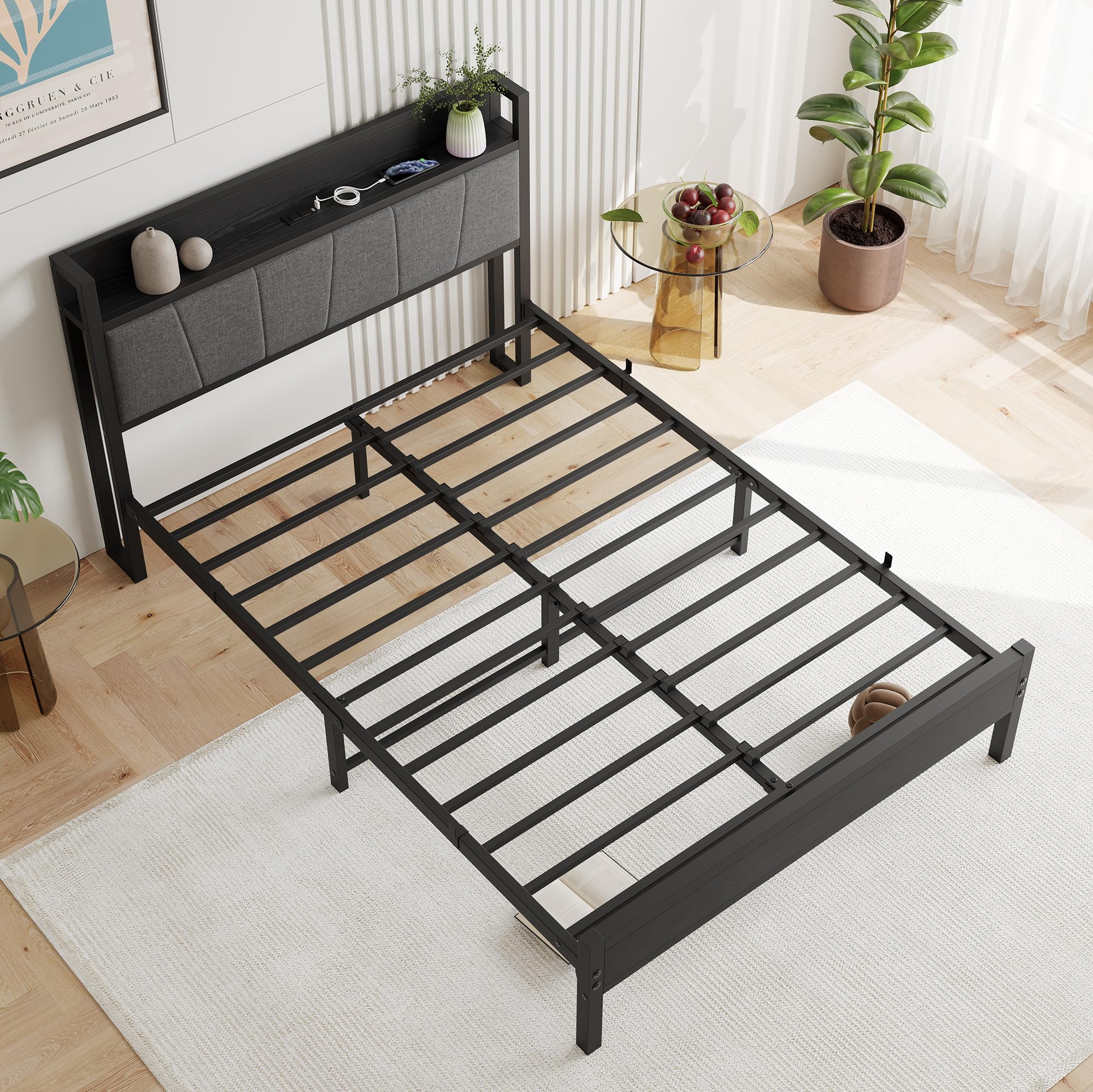 BOFENG Black Full Size Bed Frame with Storage Headboard,Metal Upholstered Platform