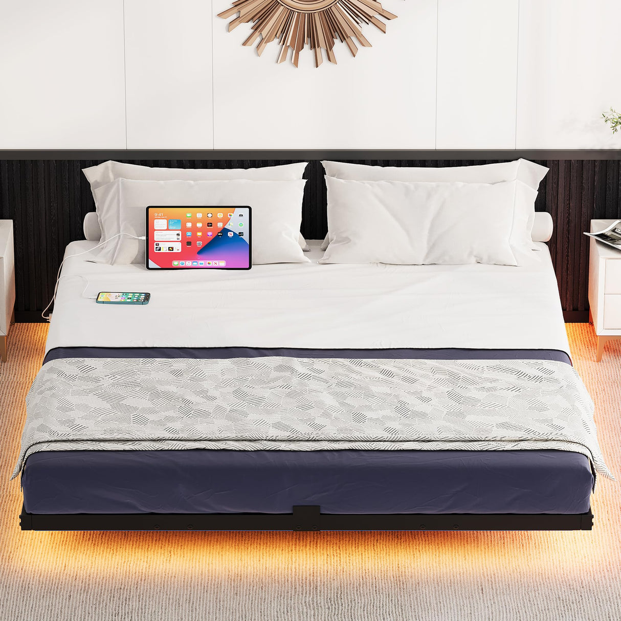 Queen Size Floating Bed Frame with RGB LED Lights and Built-in Charging Ports