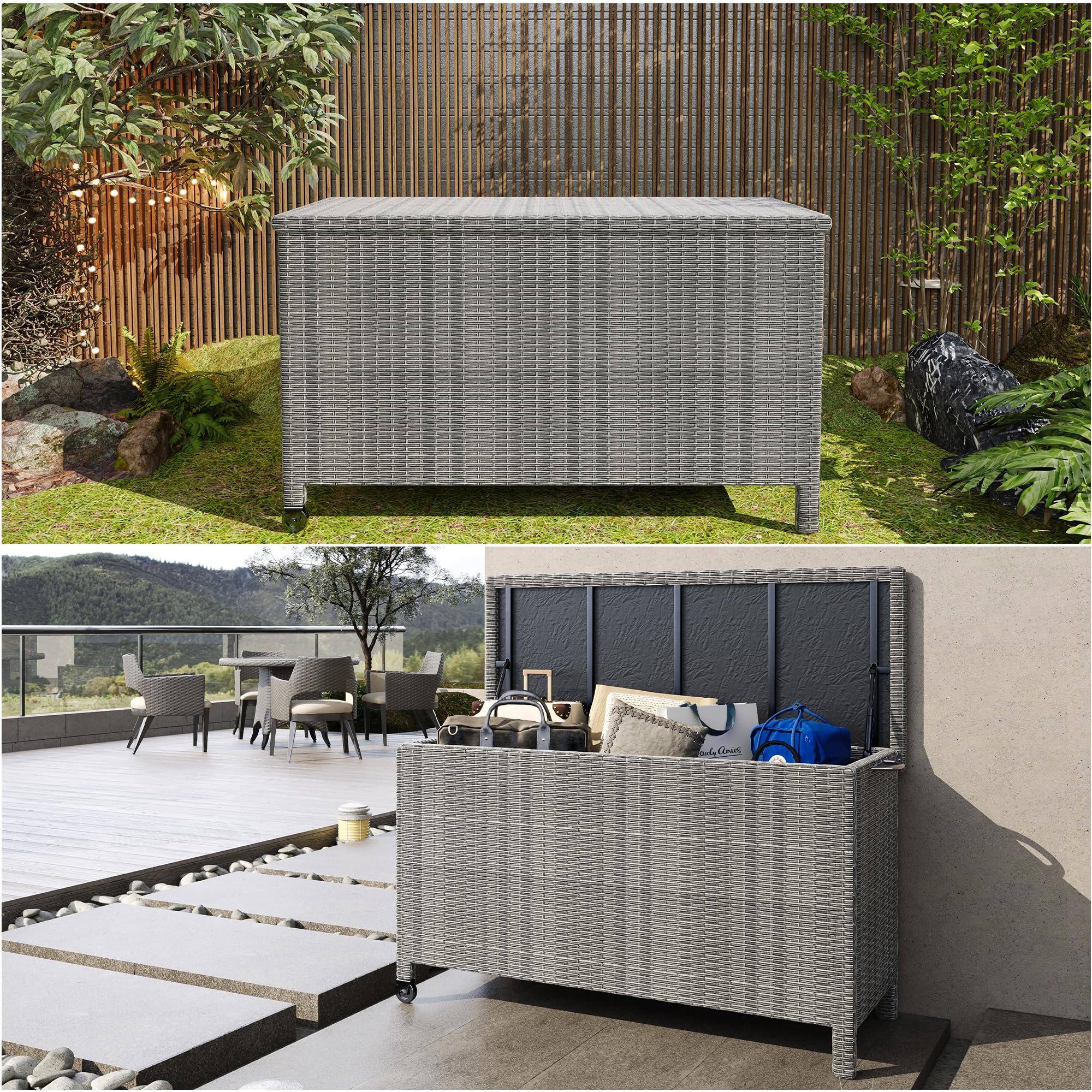 140 Gallon Large Deck Box, Outdoor Patio Storage Box Waterproof, Built-In Handles, Wheels