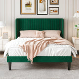 Queen Size Velvet Bed Frame with Vertical Channel Tufted Wingback Headboard,