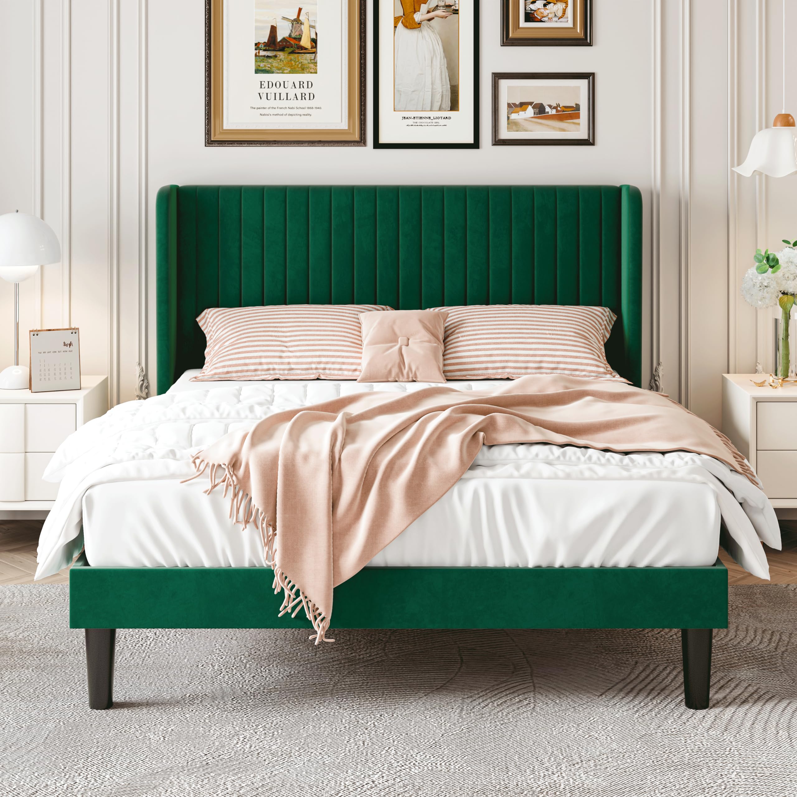 Queen Size Velvet Bed Frame with Vertical Channel Tufted Wingback Headboard