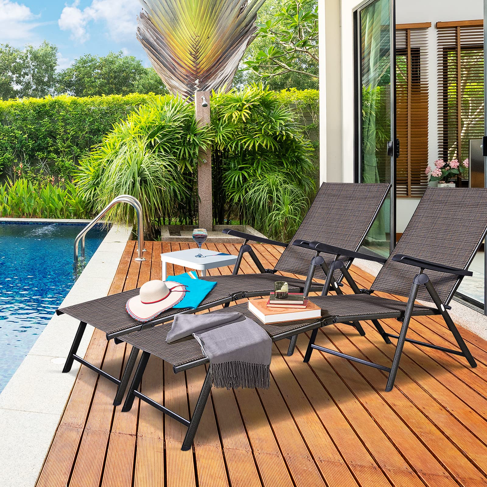 Set of 2 Patio Adjustable Chaise, 5 Back & 2 Leg Positions Outdoor Reclining Lounger Chairs
