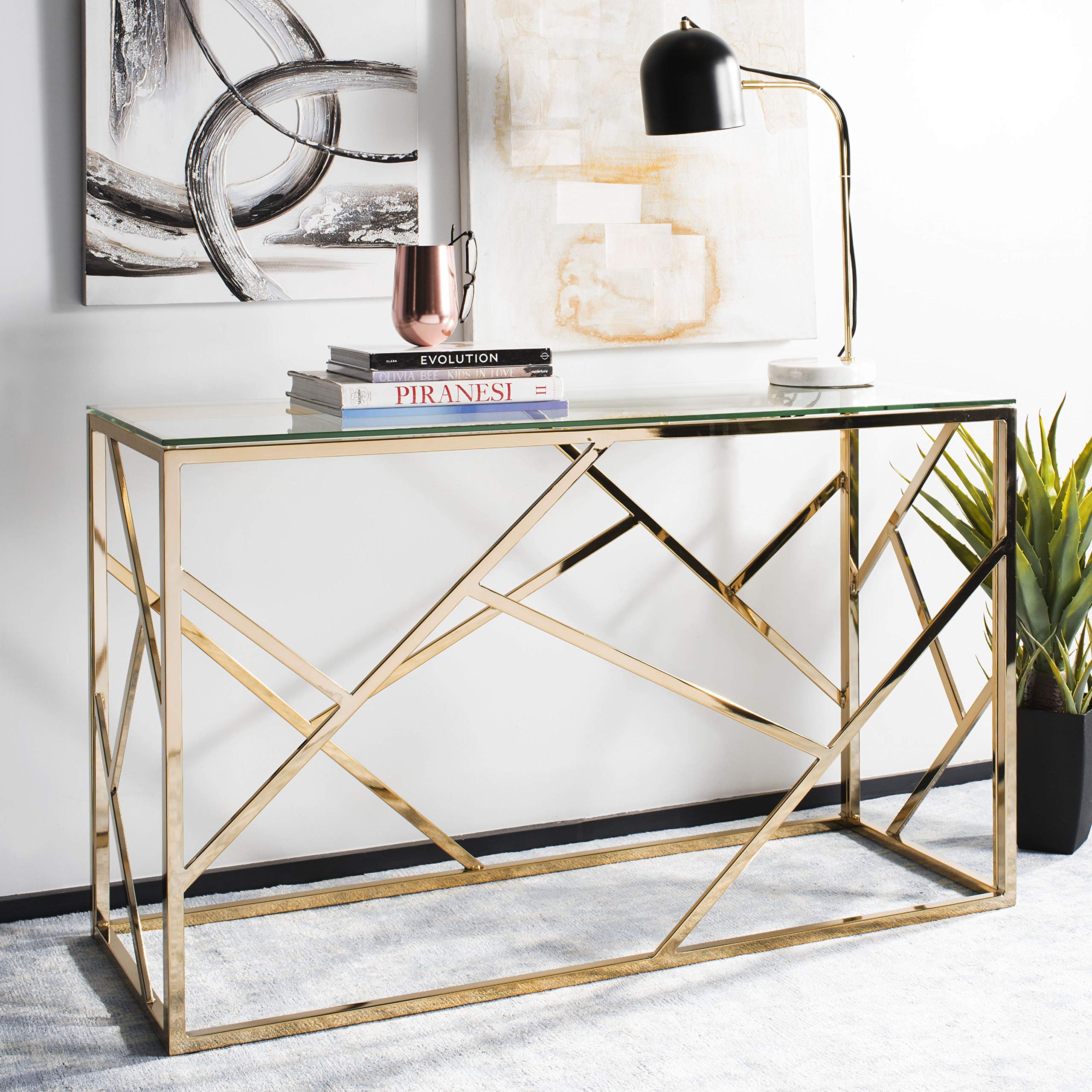 Home Namiko Glam Tempered Glass and Brass Console Table