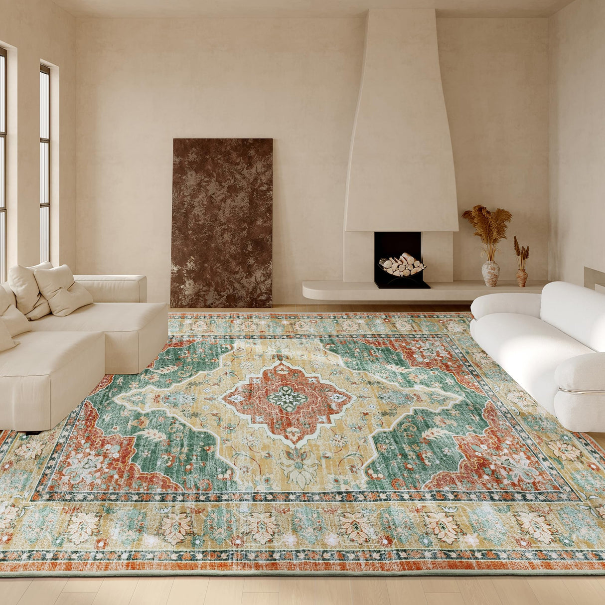 10x14 Vintage Area Rug - Large Boho Carpet with Non-Slip Backing