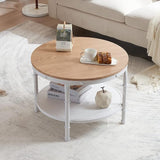 31.5" Rustic Oak White Wood Round Farmhouse Coffee Table, 2-Tier Storage Wood Center