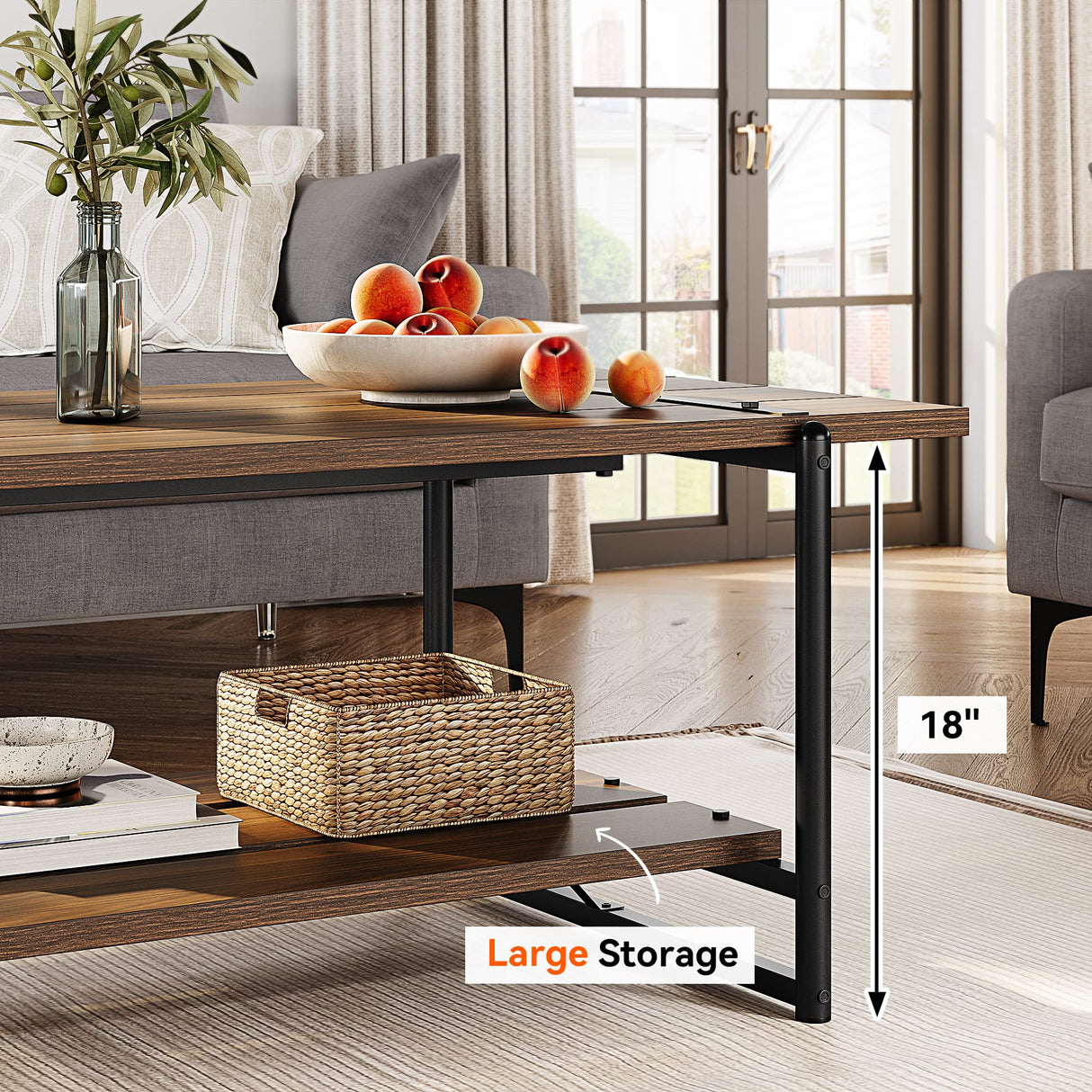 2-Tier Modern Industrial 41'' Large Wood Coffee Table with Storage Shelf