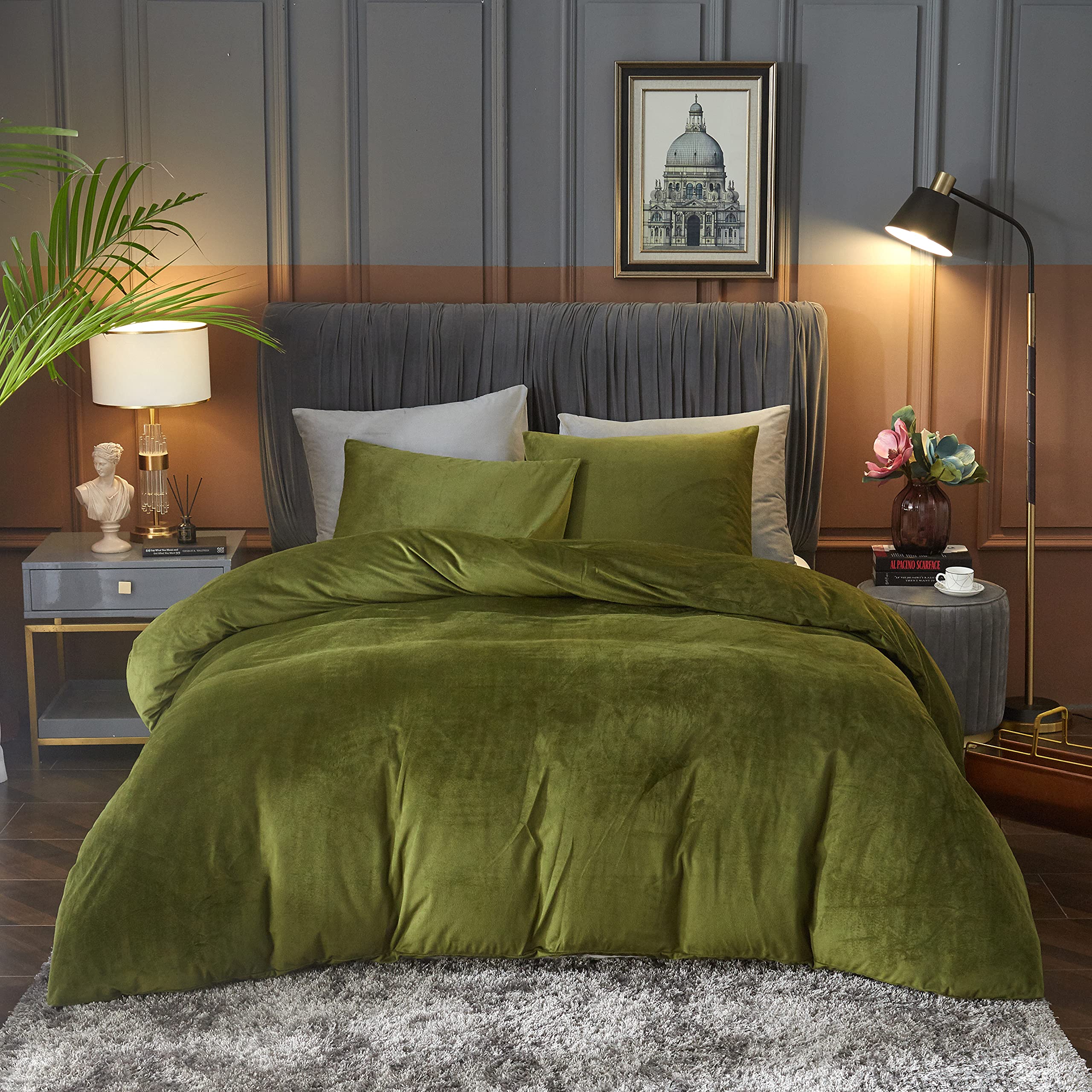 Velvet Duvet Cover Queen Set Sage Green Comforter Cover 3Pcs Ultra Soft Cover