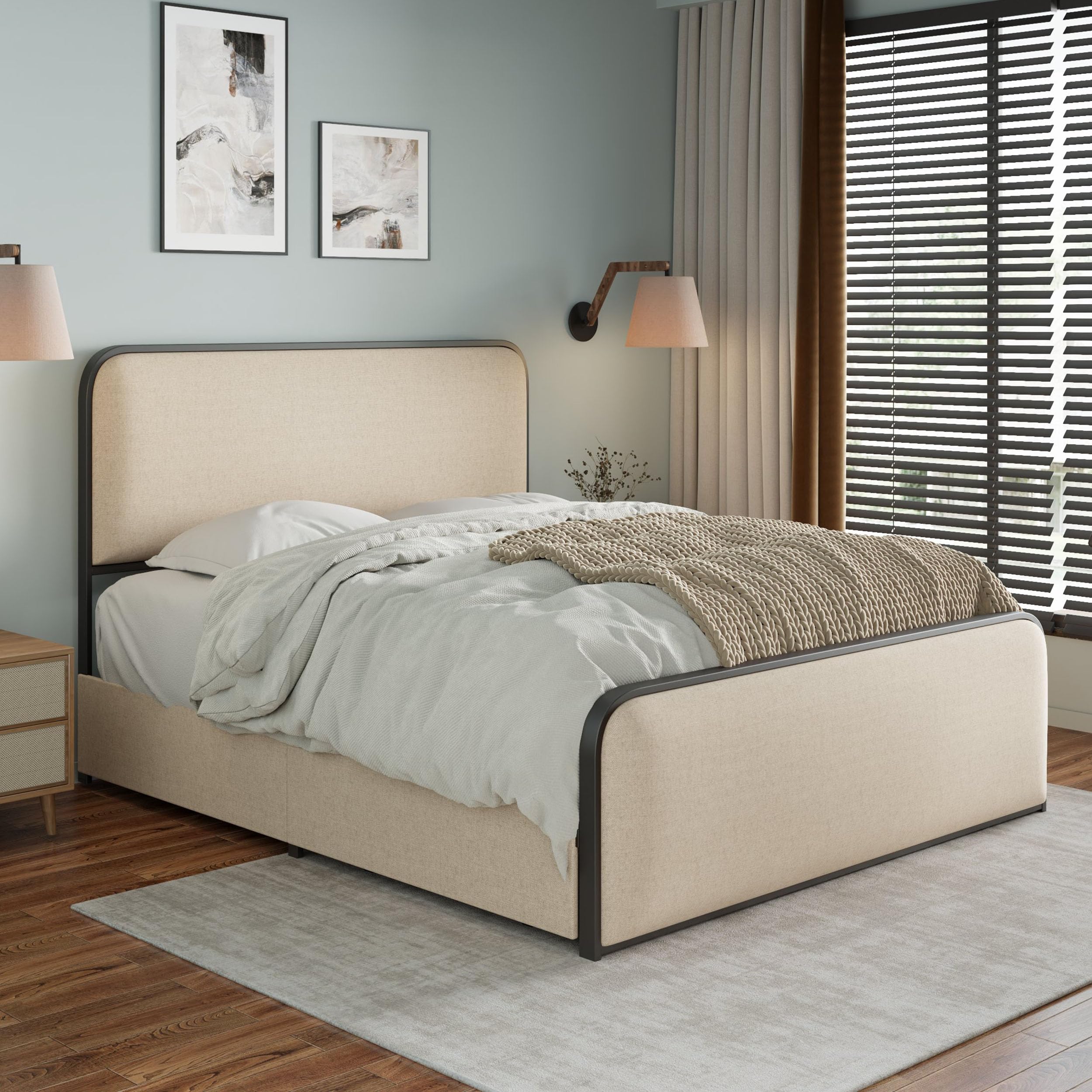 Queen Size Modern Metal Bed Frame with Curved Upholstered Headboard and Footboard,