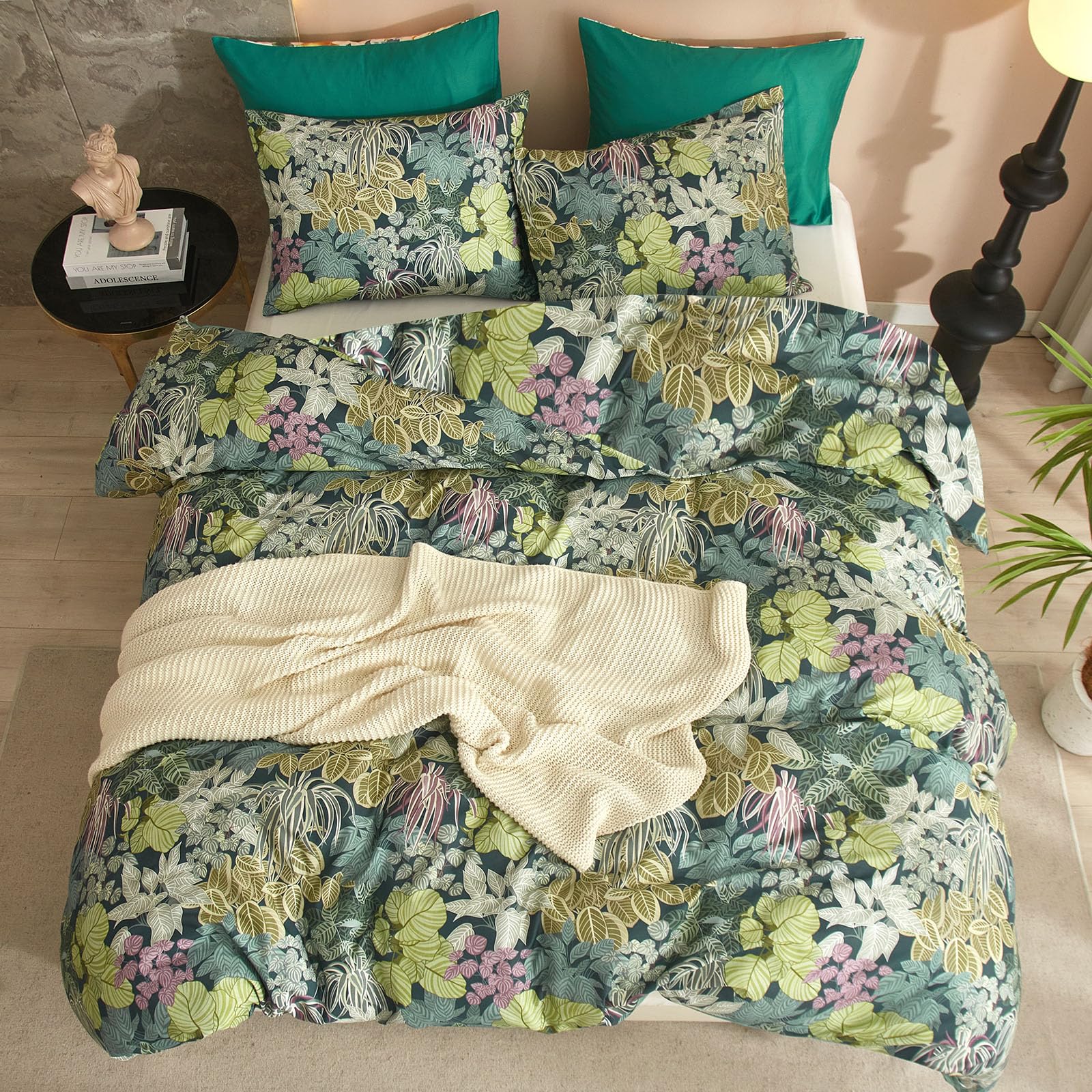 Green Leaves King Size Comforter Set, Soft Fluffy Botanical Floral Bedding Set for Women