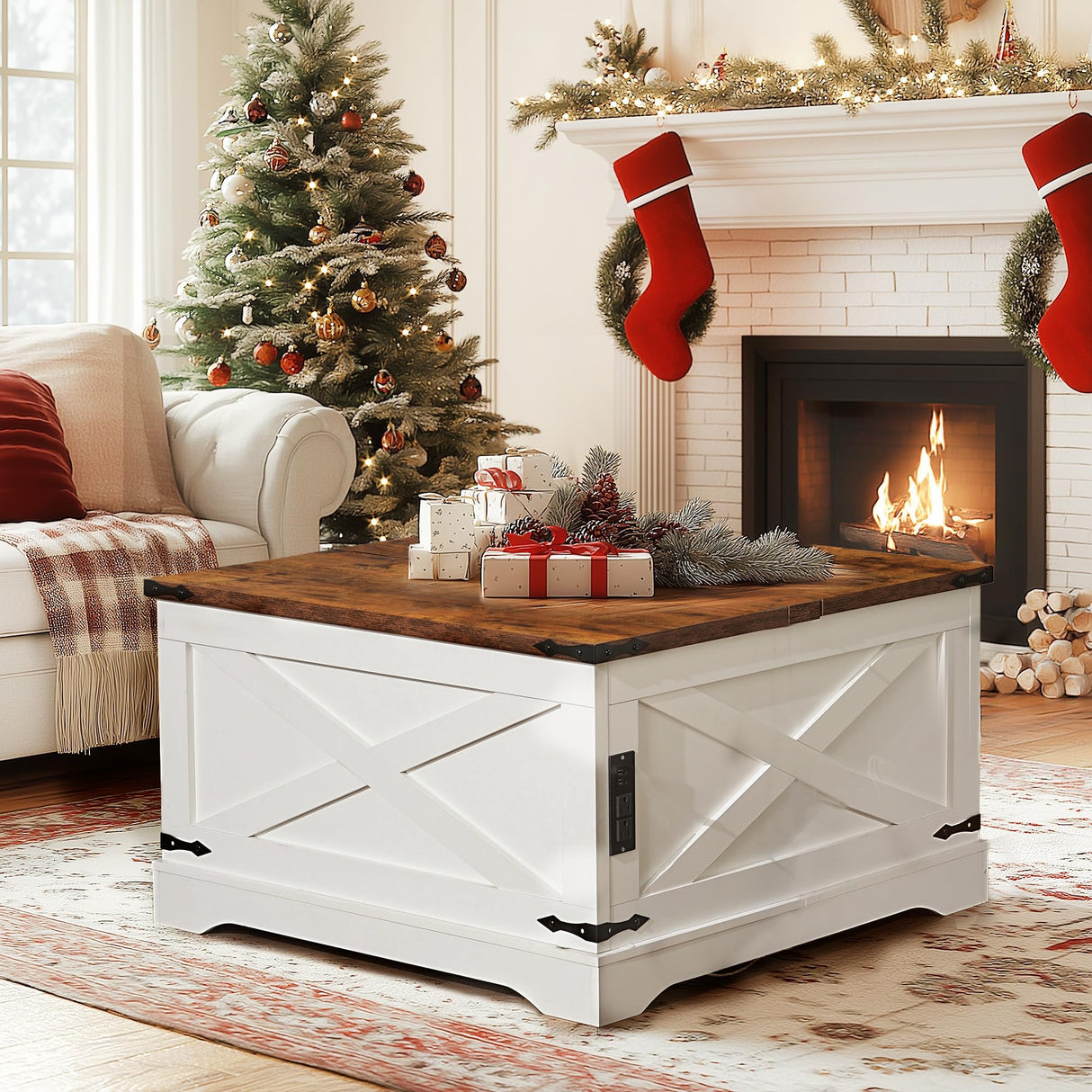 Coffee Table Lift Top with Power Outlets and Storage, 31.5'' Farmhouse Coffee Table