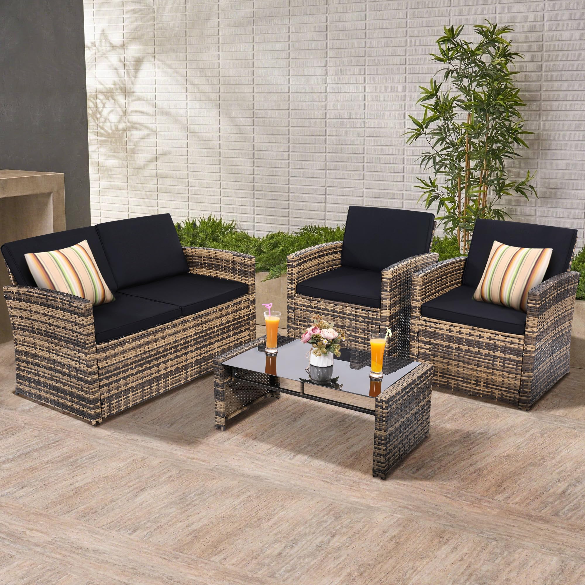 4 Pieces Patio Conversation Set, Outside Rattan Sectional Sofa, Cushioned Furniture Set