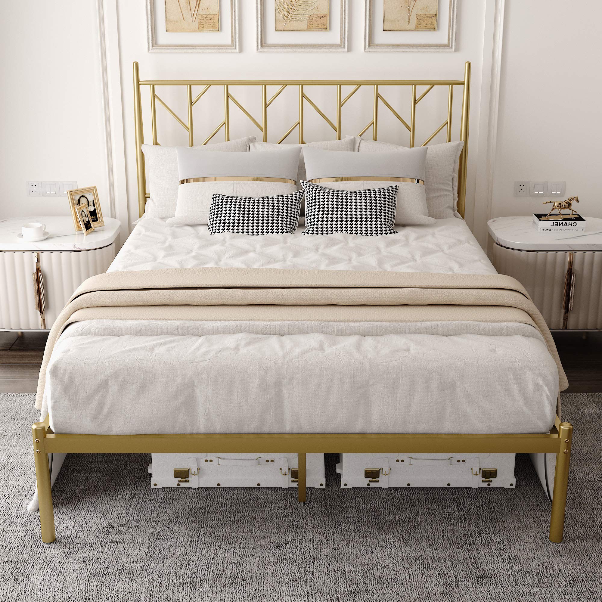 Queen Size Platform Bed Frame with Vintage Headboard, 14 Inches Metal Mattress Foundation for Storage,