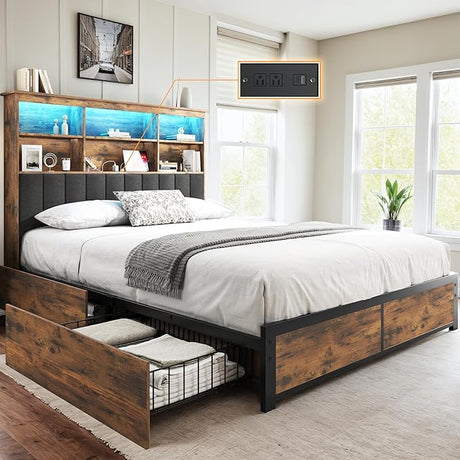 Queen Bed Frame with Headboard, Wood Bed Frame with High Storage Bookcase