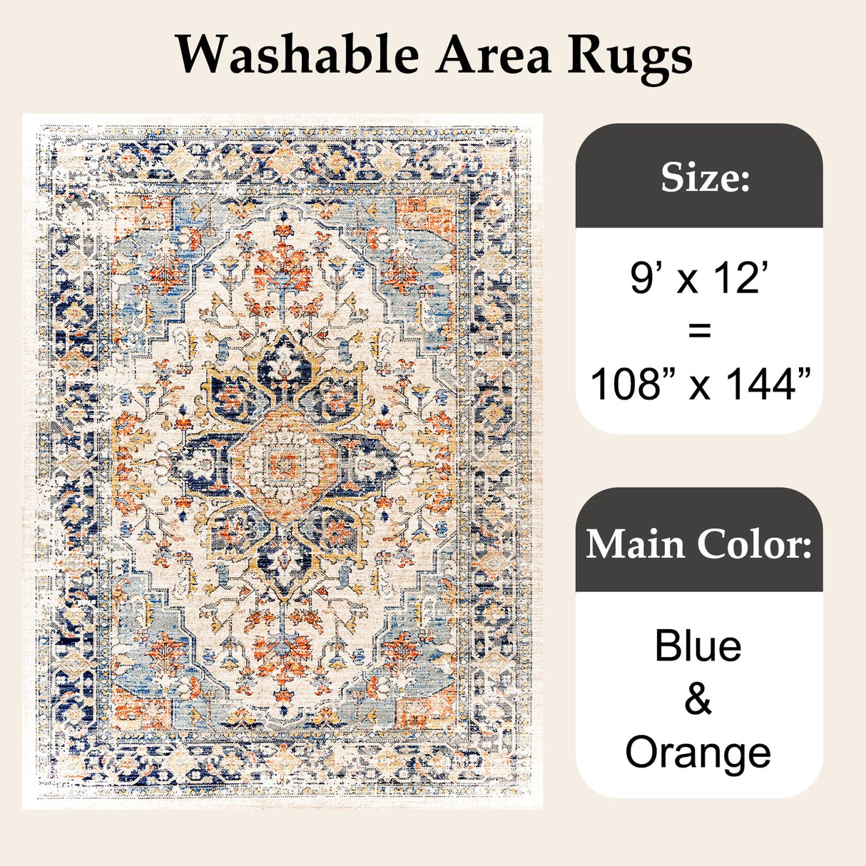 VK VK·LIVING Machine Washable Rug 9'x12' Vintage Design Washable Area Rugs with Non Slip Rugs for Living Room Bedroom Traditional Woven Rug Carpet Stain Resistant,Rug Decor Office Boho Rug,Blue&Orange