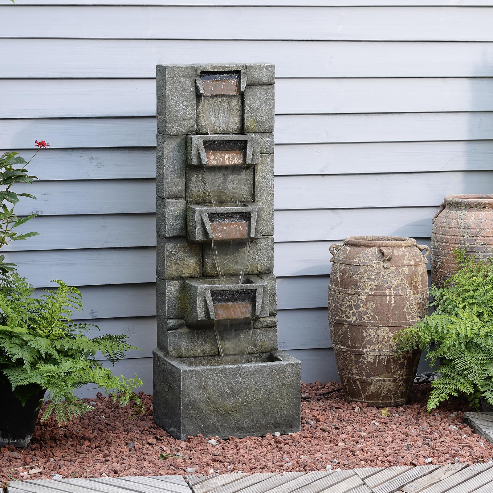 41" Tall Outdoor Water Fountain – Modern Cascading Waterfall with Lights, 4-Tier Outdoor