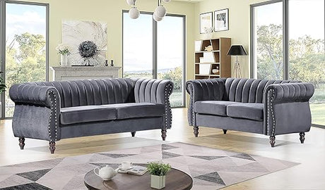 Container Furniture Direct Quinones Modern Chesterfield Channel Tufted Sofa with Nailhead Accents, 76.4", Grey