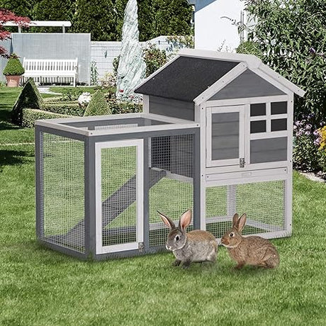 48" Wooden Rabbit Hutch Bunny Cage with Waterproof Asphalt Roof, Fun Outdoor Run