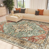 8x10 Area Rugs 8x10, Washable Rug, Non-Slip, Rugs for Living Room, Kitchen Rugs, Rugs for Bedroom Entryway Rug, Vintage Rugs Boho Floral Medallion, Low Pile, Soft, Beige Dark Blue Navy Red