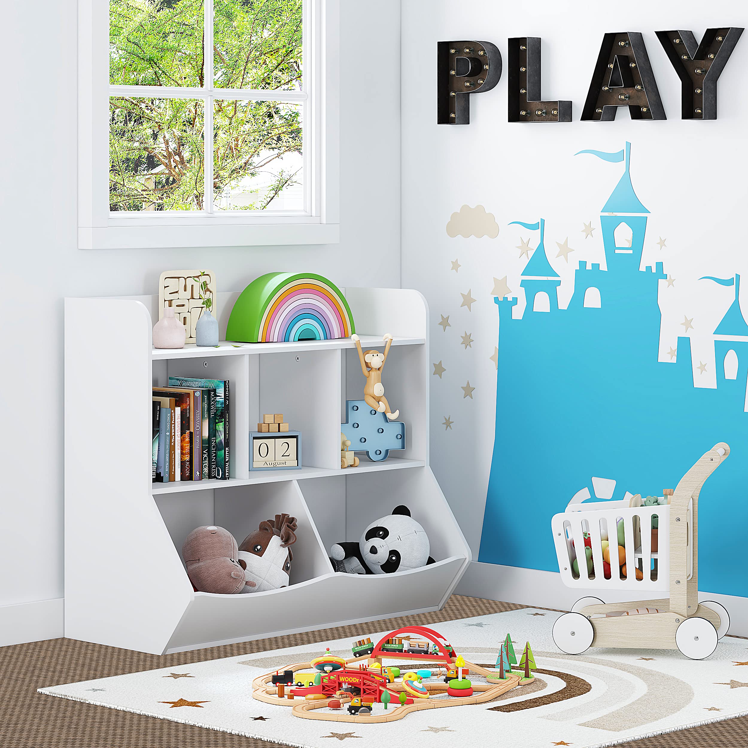 Toy Storage Organizer with Bookcase, Kid’s Multi Shelf Cubby for Books,Toys