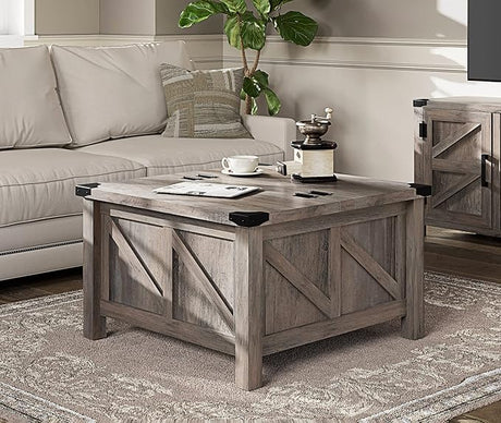 Modern Farmhouse Coffee Table, Square Wood Center Table with Gas Struts Lift-Top