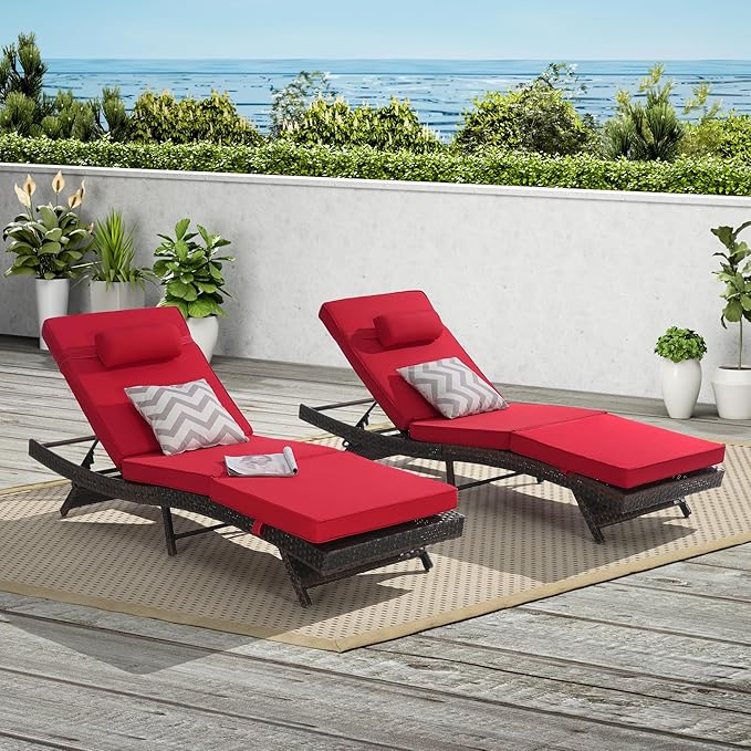 Outdoor Wicker Long Reclining Chair Set of 2 with Cushion