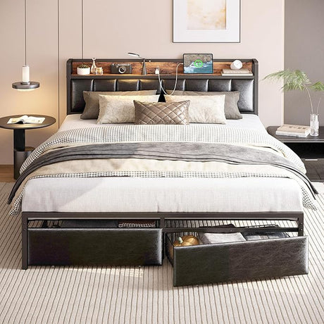 King Size Bed Frame with Storage Headboard and Charging Station, Black Upholstered