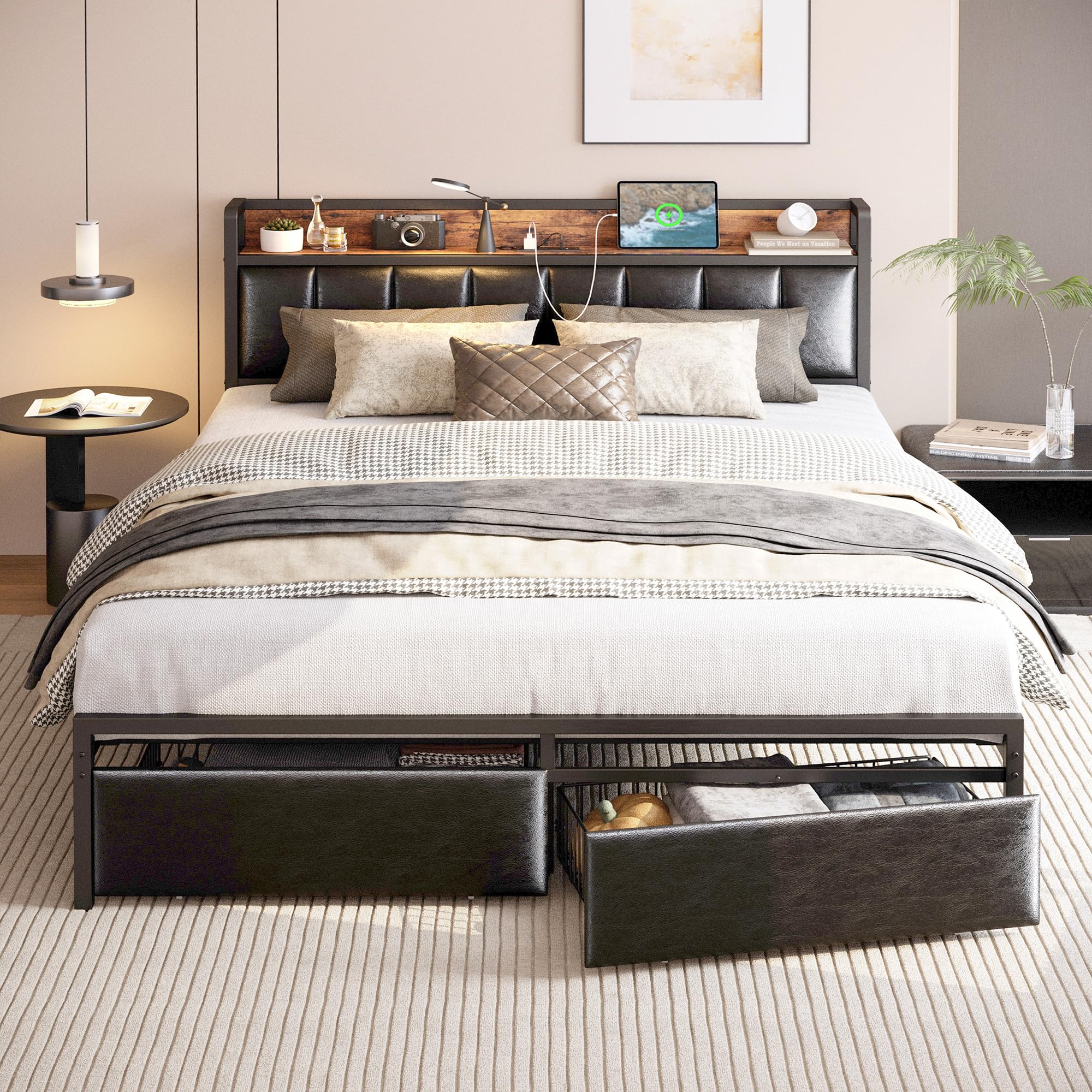 Black Queen Bed Frame with Storage Headboard and Charging Station, Upholstered