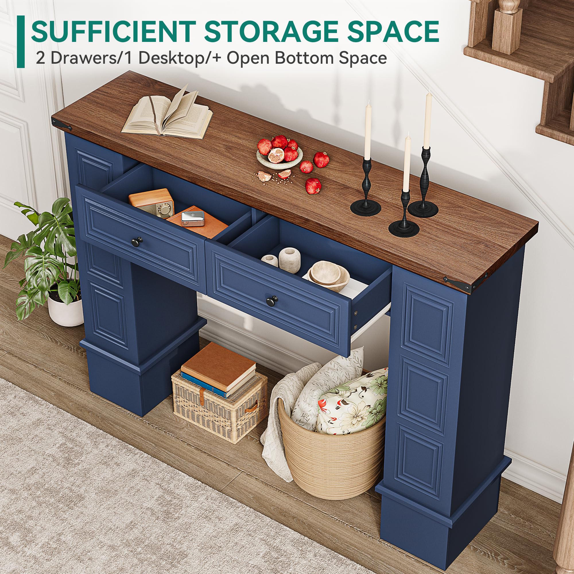 Farmhouse Console Table with Storage - Navy Blue & Walnut