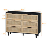 43.31 inch 6 Drawer Dresser,Modern Rattan Chest with 6 Drawers,Wood Storage Cabinet Sideboard for Bedroom, Living Room, Entryway, Hallway(Black)