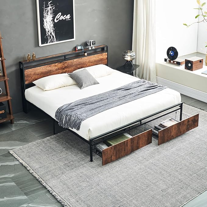 Full Bed Frame,Storage Headboard with Charging Station,Platform Bed