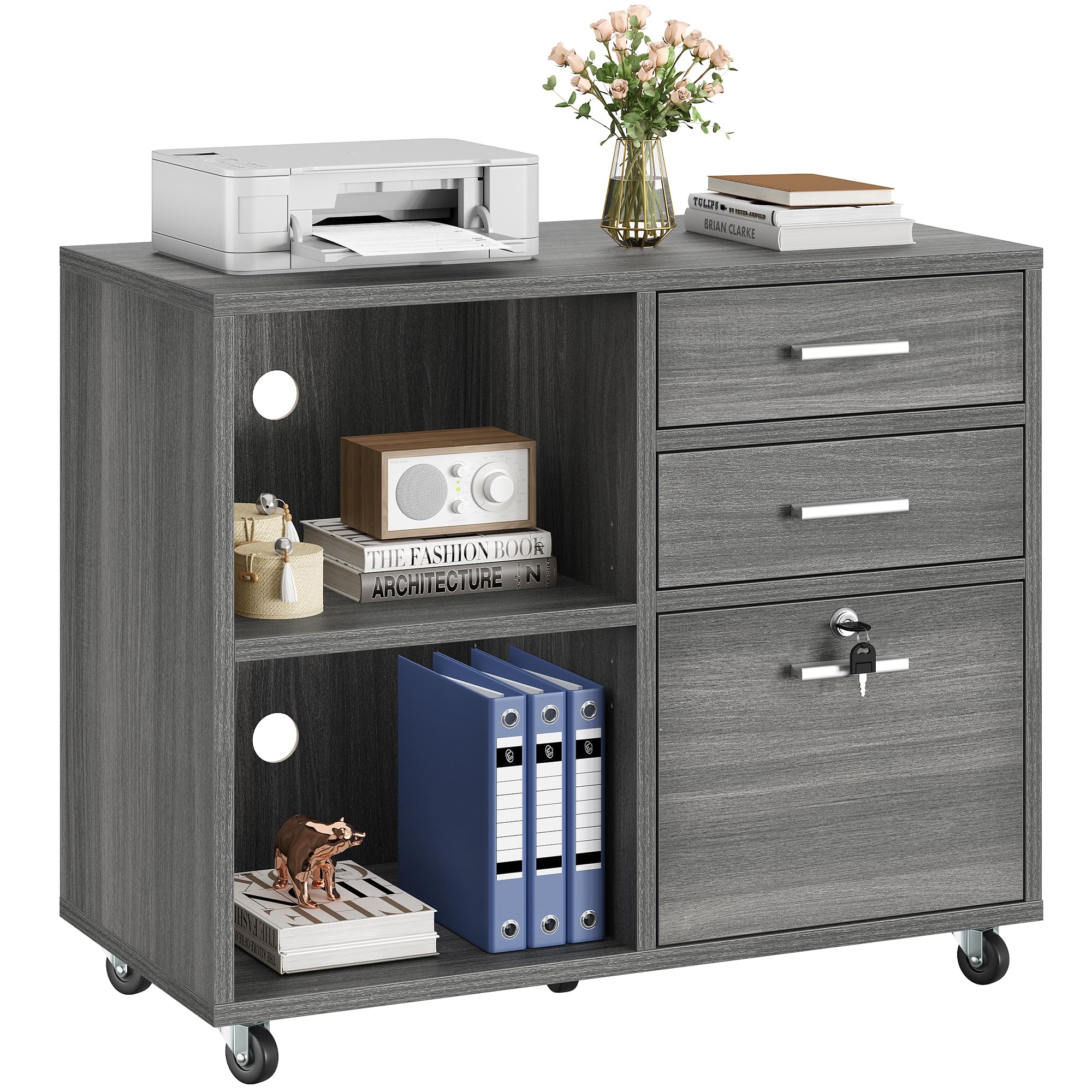 Wood File Cabinet, 3 Drawer Mobile Lateral Filing Cabinet, Storage Cabinet Printer Stand