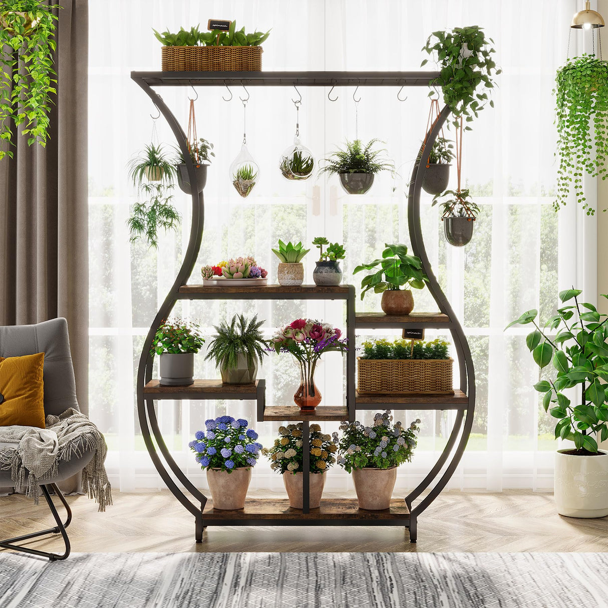 6-Tier Plant Stand, 70.9 Inch Tall Plant Shelf with 10 Hanging Hooks, Vase Shape