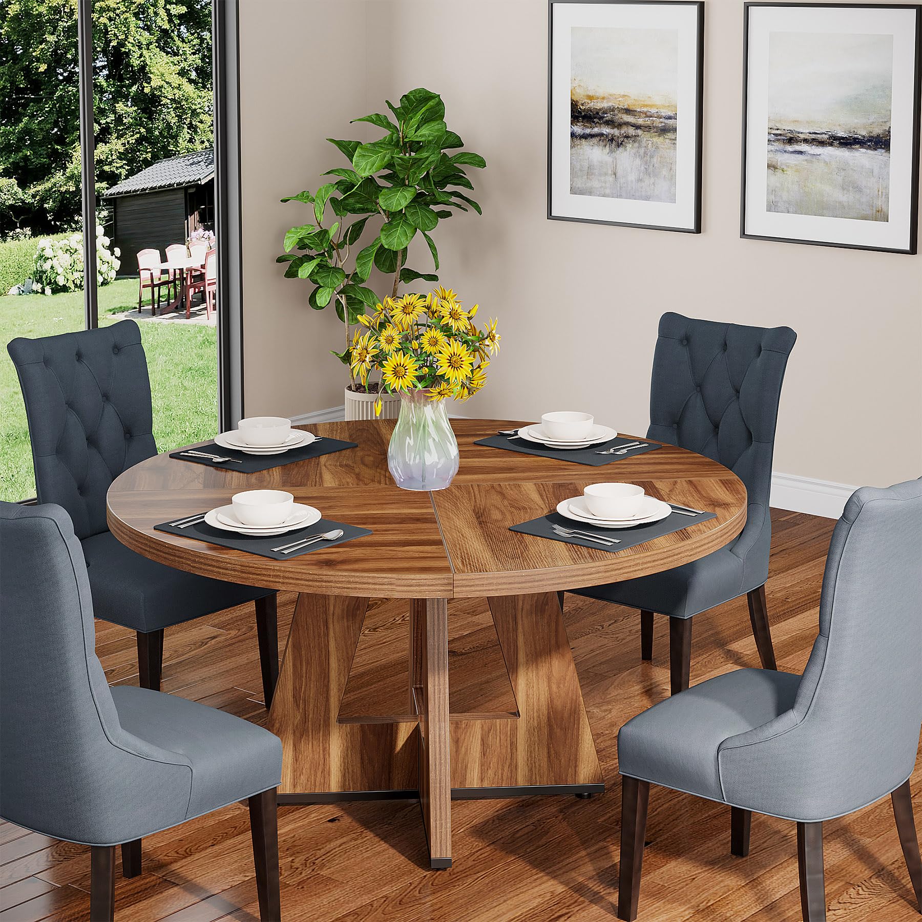 47 Inch Farmhouse Round Dining Table for 4,Kitchen Small Dinner Table,Wood Dinning Table