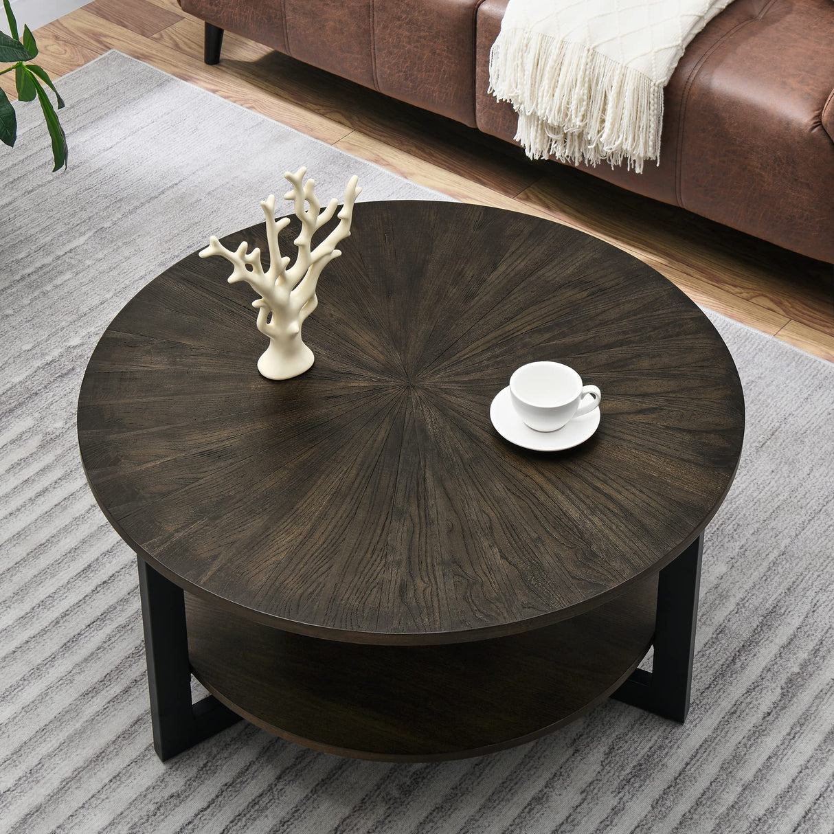 Round Coffee Table with Storage Shelf, Farmhouse Living Room Cocktail Table